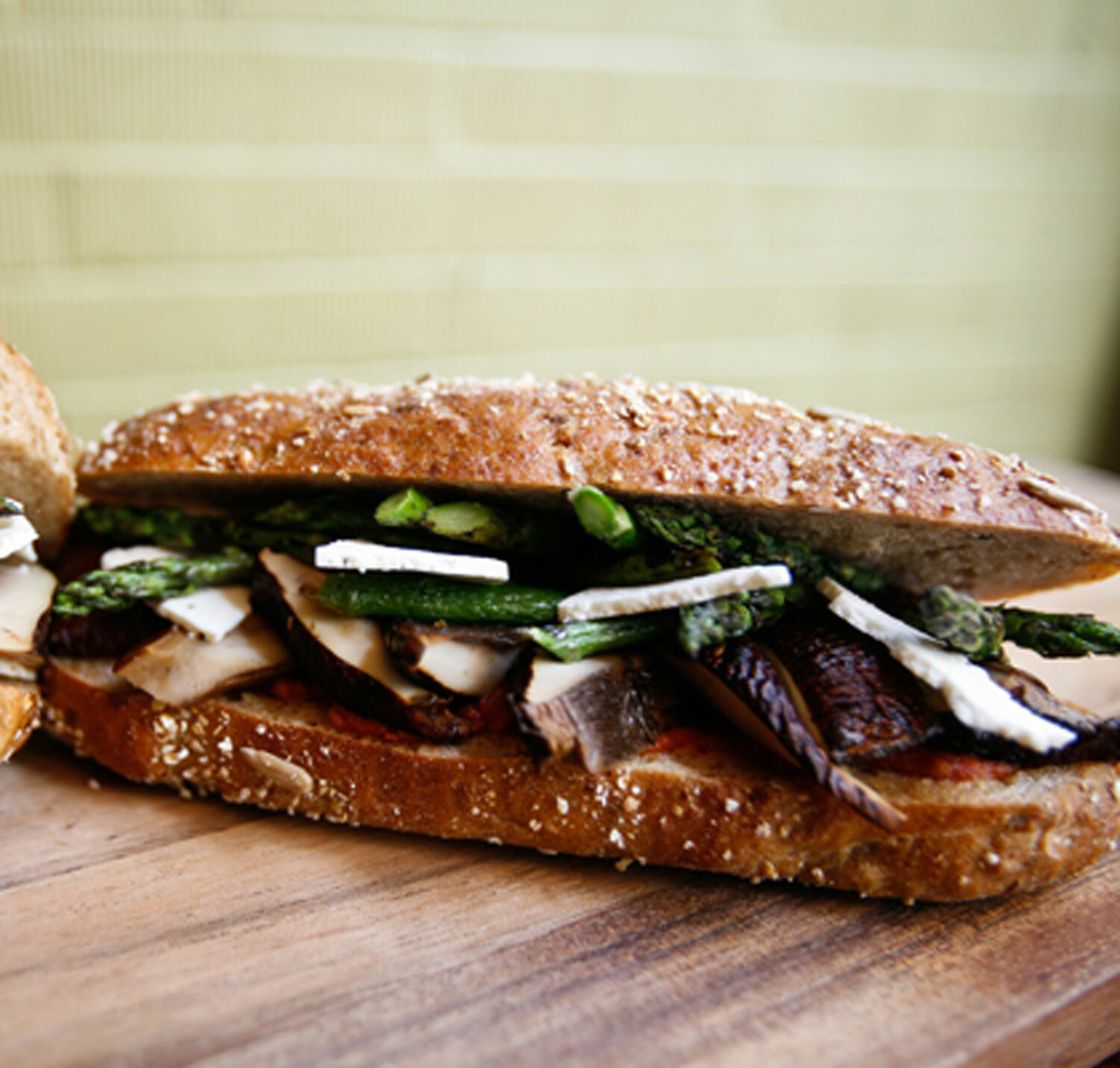 Roasted Mushroom, Arugula, Ricotta Salata and Pea Pesto Sandwich