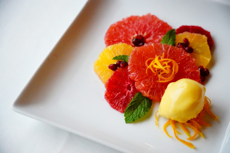 Citrus Salad with Mango Sorbet, Pomegranate, and Mint (vegan)