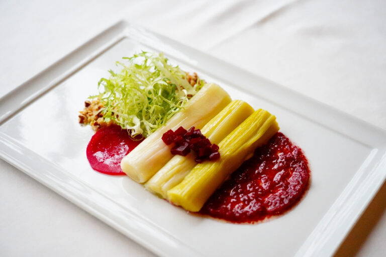 Poached Leeks with Beet Vinaigrette (vegan)